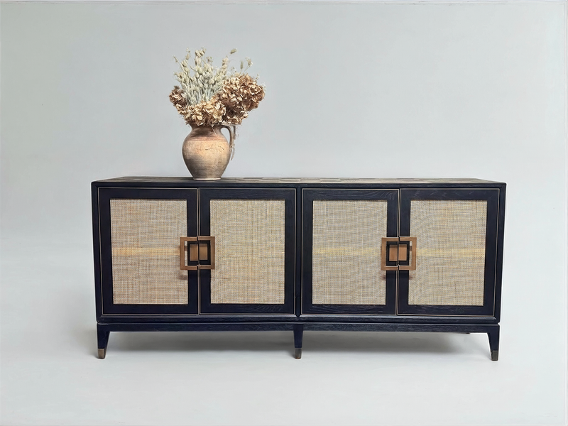 Rattan & Oak Panelled Sideboard