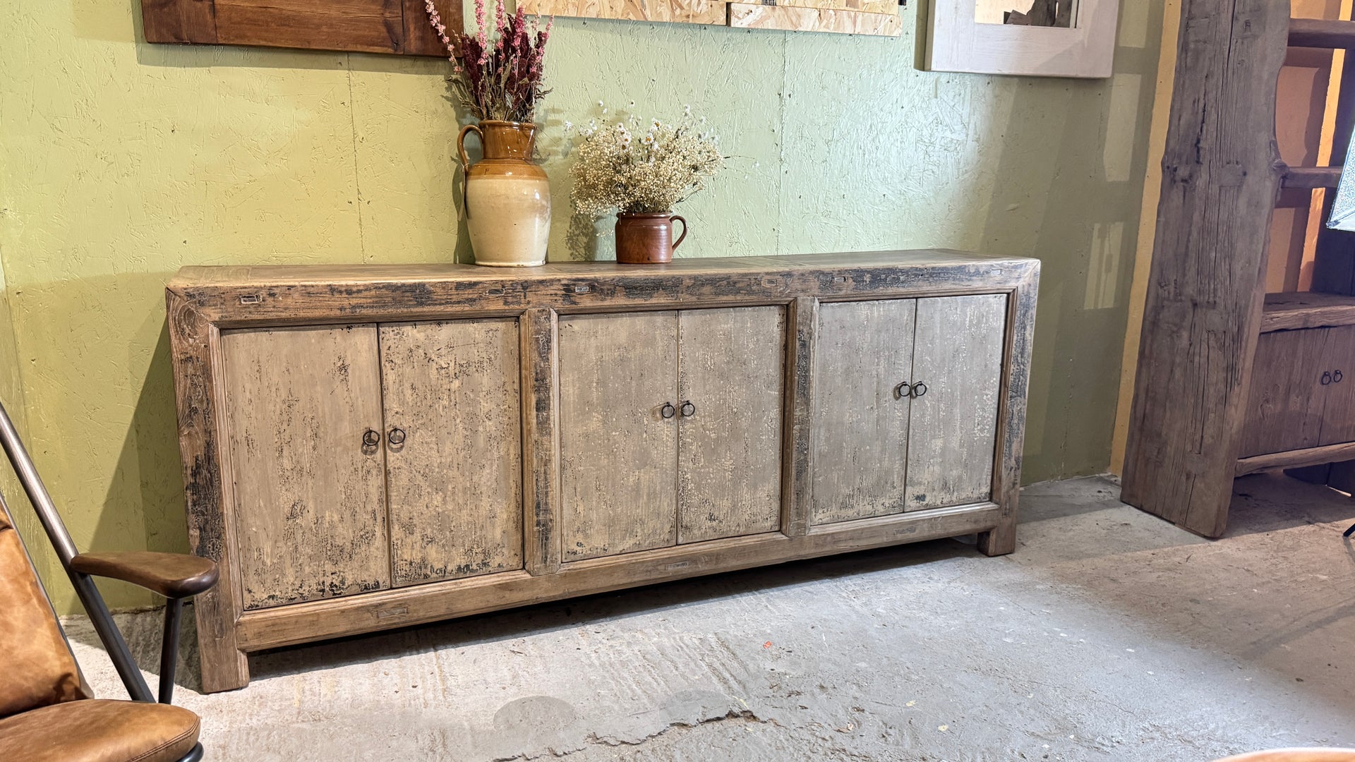 Solid distressed painted elm sideboard