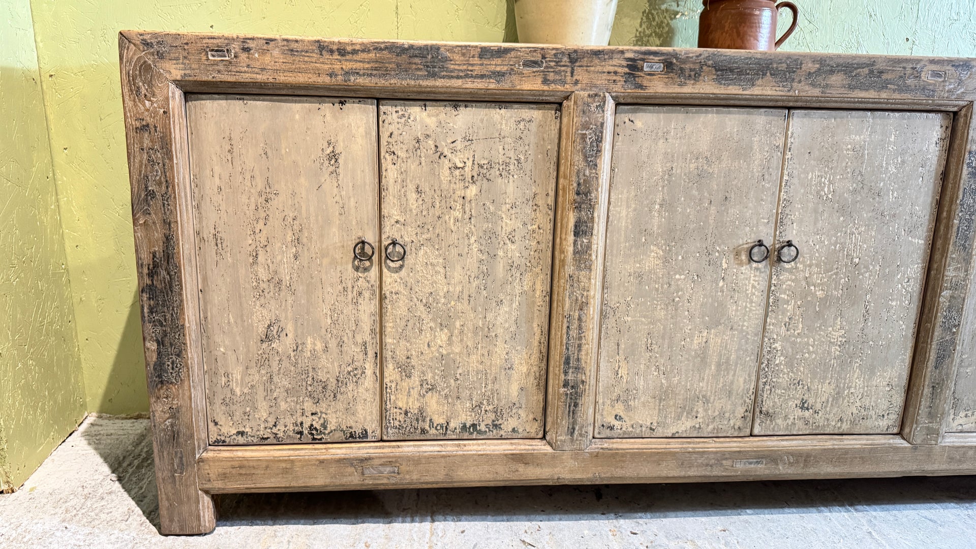 Solid distressed painted elm sideboard