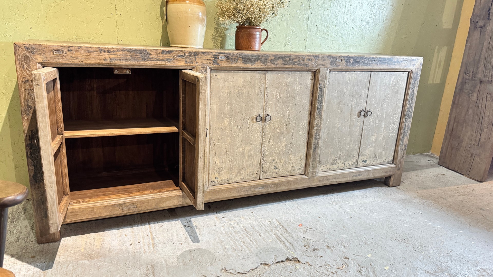 Solid distressed painted elm sideboard