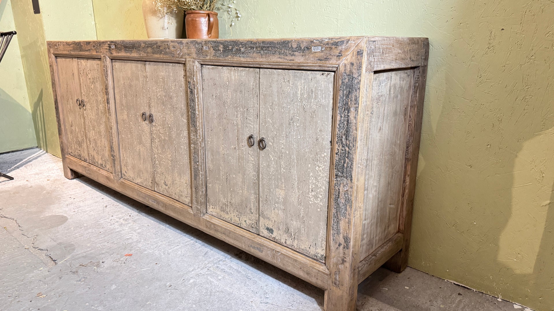 Solid distressed painted elm sideboard