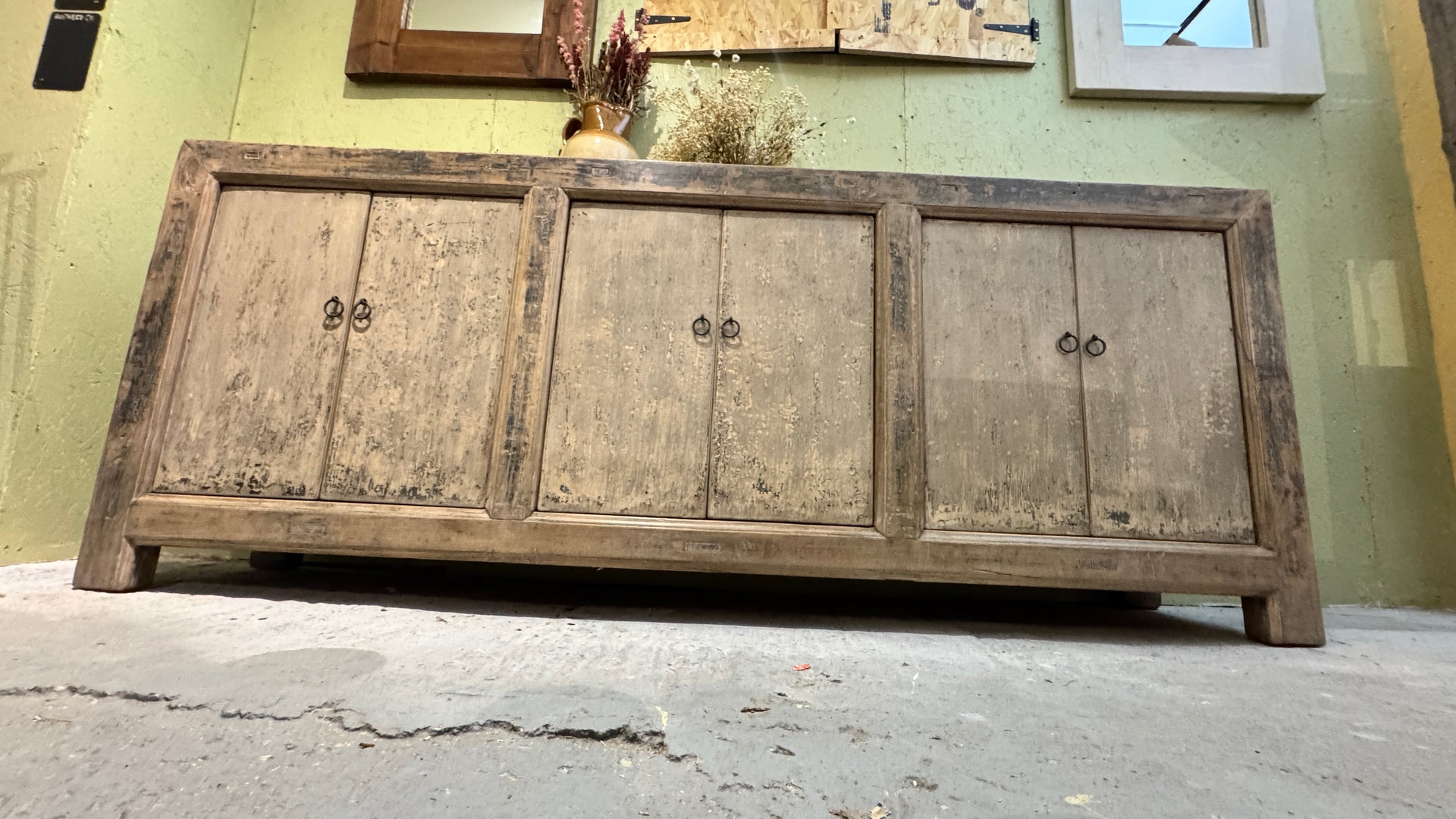 Solid distressed painted elm sideboard