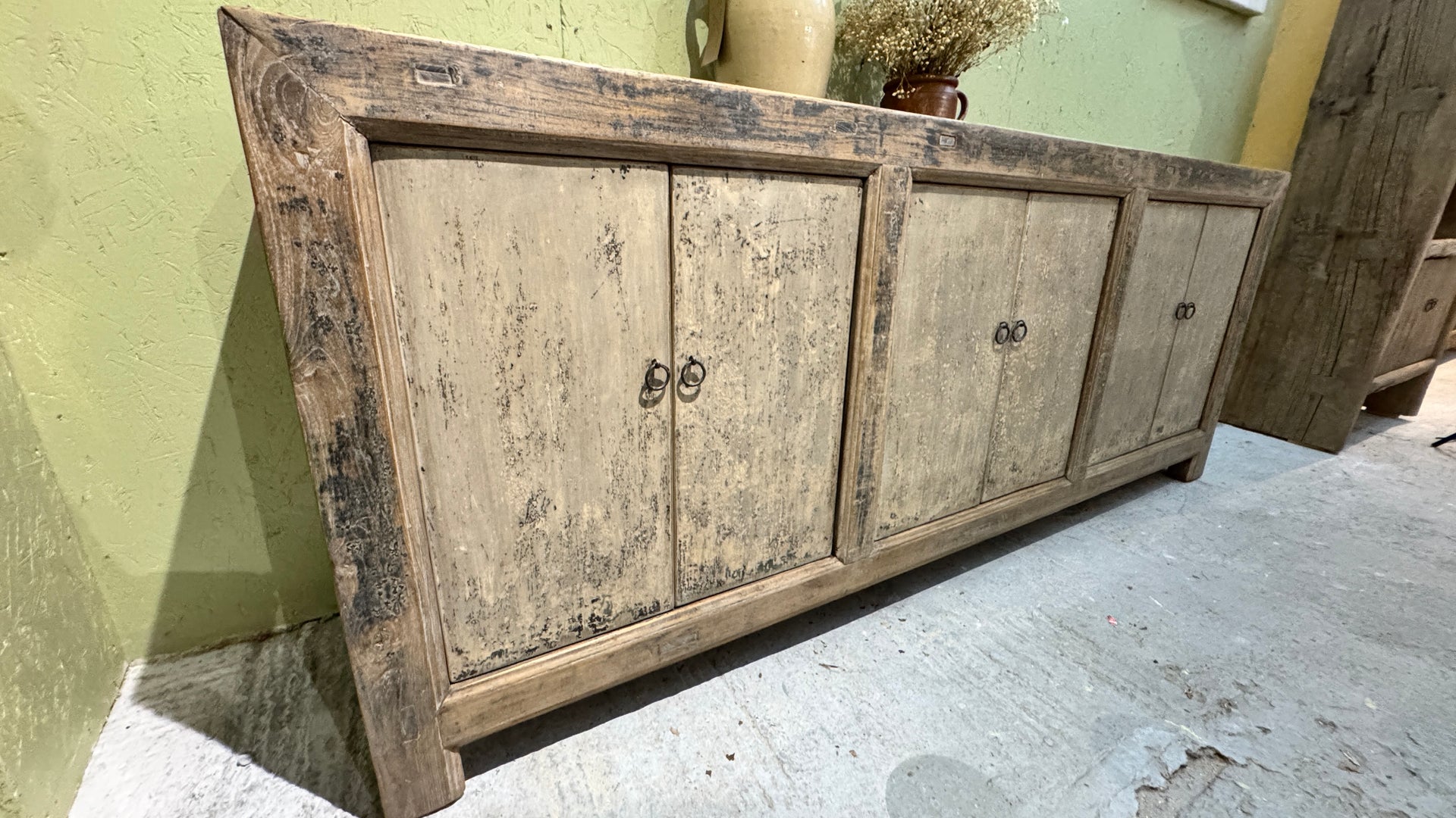 Solid distressed painted elm sideboard